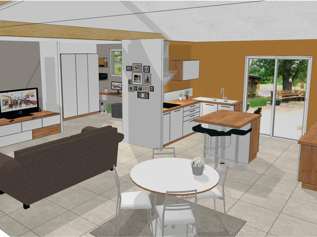 Dessin 3D des espaces cuisine, séjour et entrée - vue de dessus