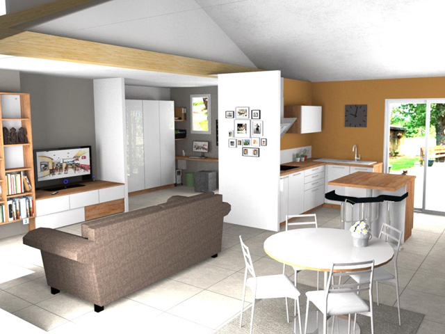 Dessin 3D des espaces cuisine, séjour et entrée